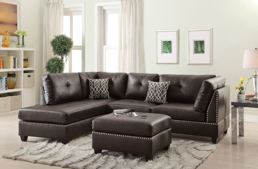 3 Pieces Sectional Sofa Espresso Bonded Leather Cushion Sofa Chaise Ottoman Reversible Couch Pillows