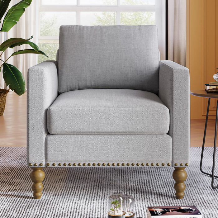 Classic Linen Armchair Accent Chair With Bronze Nailhead Trim Wooden Legs Single Sofa Couch For Living Room, Bedroom, Balcony, Light Gray