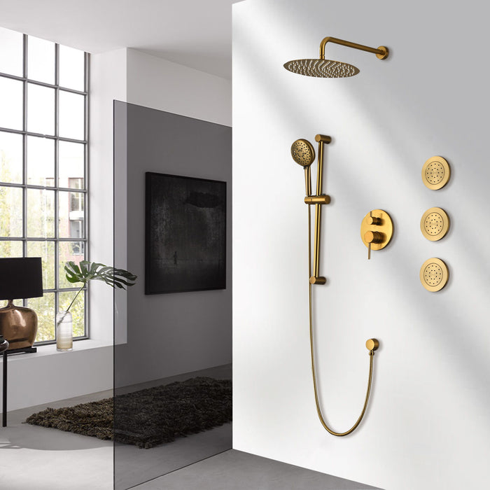 Shower System With Shower Head, Hand Shower, Slide Bar, Bodysprays, Shower Arm, Hose, Valve Trim, And Lever Handles - Gold