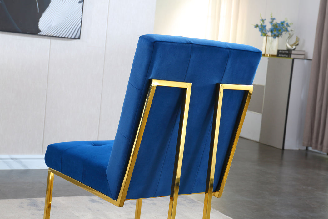 Modern Velvet Dining Chair (Set of 2), Tufted Design And Gold Finish Stainless Base - Blue