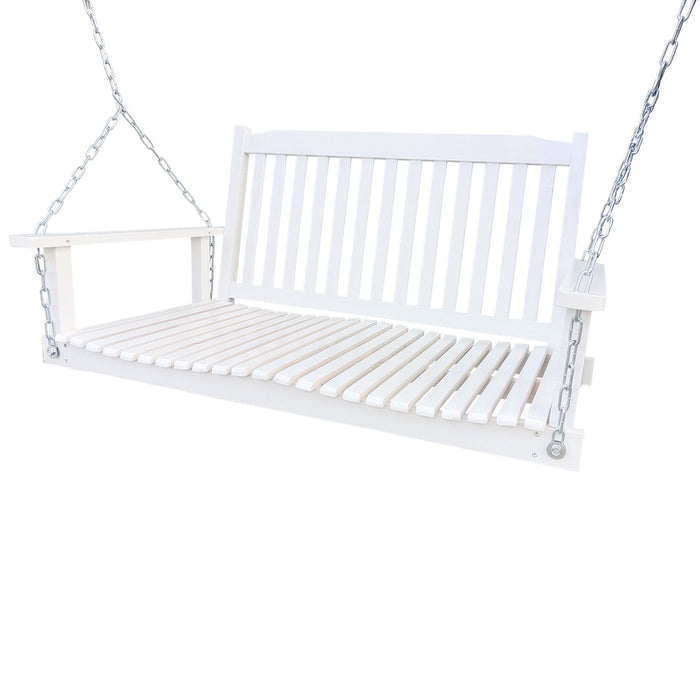 Front Porch Swing With Armrests, Wood Bench Swing With Hanging Chains, For Outdoor Patio, Garden Yard - White