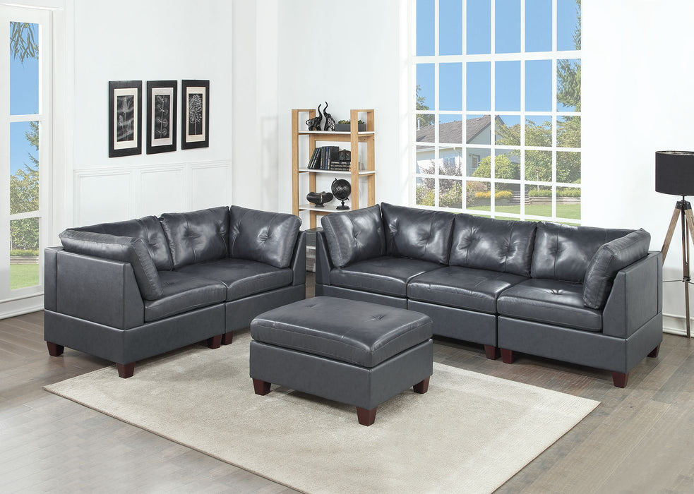 Contemporary Genuine Leather Black Tufted 6 Pieces Sectional Set 4 Corner Wedge 1 Armless Chair 1 Ottomans Living Room Furniture Sofa Couch