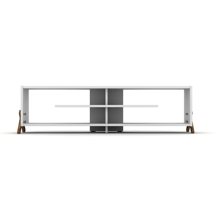 Furnishome Store Mid Century Modern TV Stand 4 Shelves Open Storage Wood Legs Entertainment Centre 57 Inch Low TV Unit, Walnut/White