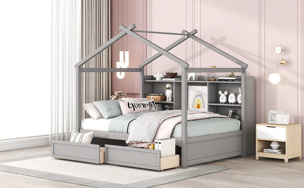Full Size House Bed With Storage Shelves And 2 Drawers, Brushed Gray