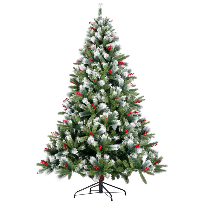 Artificial Christmas Tree Flocked Pine Needle Tree With Cones Red Berries 7.5 Ft Foldable Stand