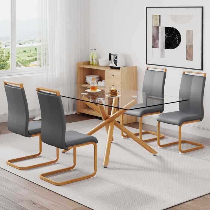 A Table With Four Chairs Glass Dining Table With Tempered Glass Tabletop And Wooden Metal Legs PU Leather High Backrest Cushioned Side Chair With C Shaped Chrome Metal Legs