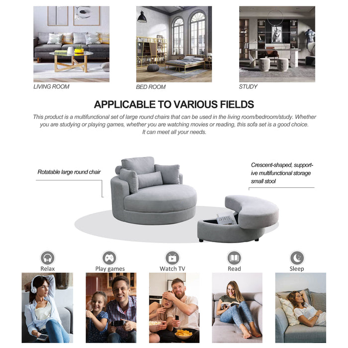Welike Swivel Accent Barrel Modern Gray Sofa Lounge Club Big Round Chair With Storage Ottoman Linen Fabric For Living Room Hotel With Pillows