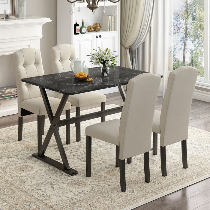 Top max Solid Wood 5 Piece Dining Table Set With Faux Marble TableTop And Upholstered Dining Chairs For 4, Faux Marble Black / Beige