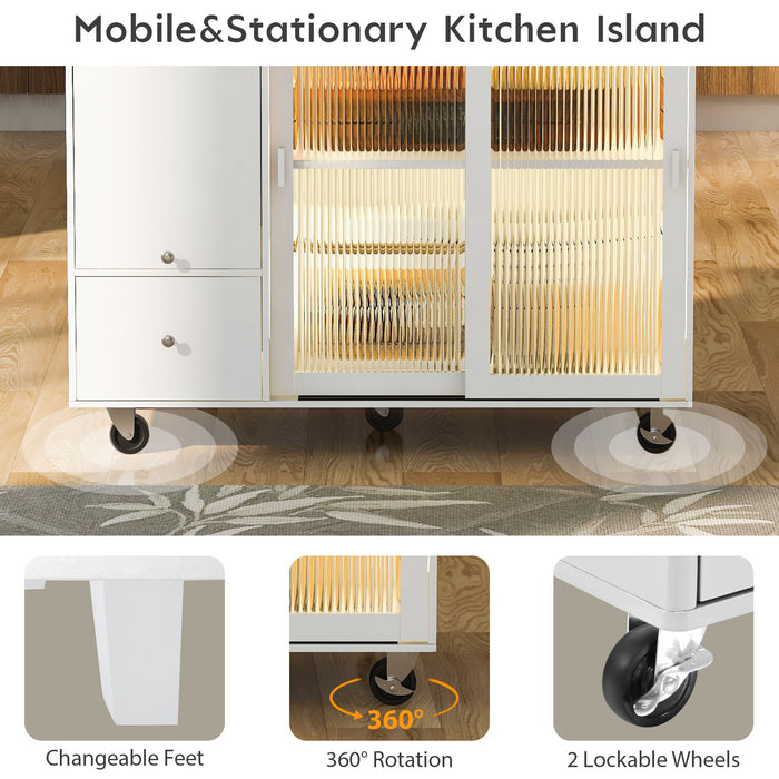 Kitchen Island With Drop Leaf, Led Light Kitchen Cart On Wheels With 2 Fluted Glass Doors And 1 Flip Cabinet Door, Large Kitchen Island Cart With An Adjustable Shelf And 2 Drawers (White)