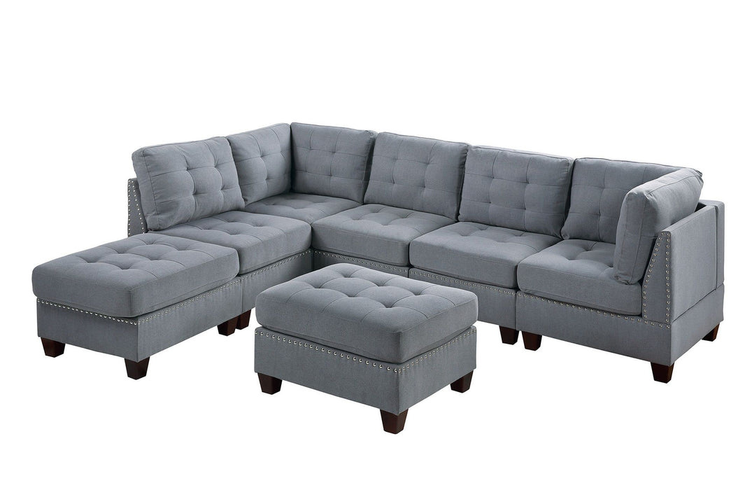 Contemporary Modular Sectional 7 Piece Set Living Room Furniture Corner L-Sectional Gray Linen Like Fabric Tufted Nail Heads 2 Corner Wedge 3 Armless Chair And 2 Ottoman