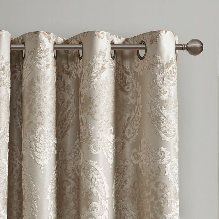 Knitted Jacquard Paisley Total Blackout Grommet Top Curtain Panel, Champagne