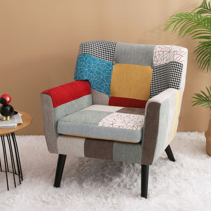 Patchwork Accent Chair, Mid Century Modern Fabric Club Chair For Bedroom Comfy, Colourful Single Sofa Chair For Livingroom, Bedroom, Office, Study And Reading Room