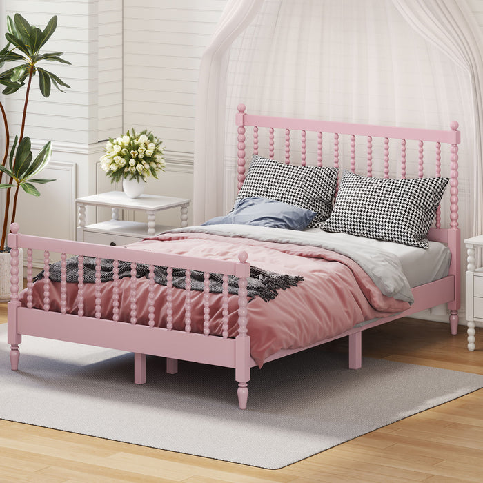 Full Size Wood Platform Bed With Gourd Shaped Headboard And Footboard, Pink