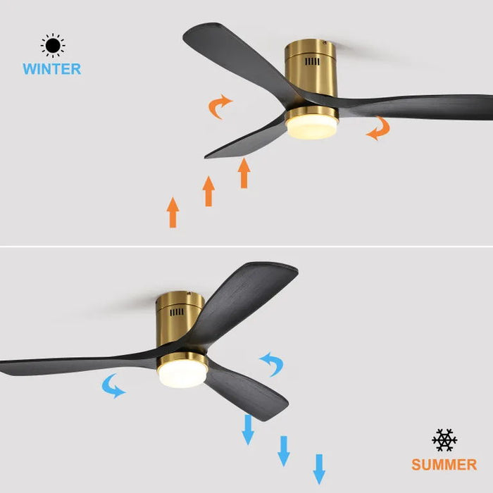 Indoor Wood Ceiling Fan With 3 Solid Wood Blades Remote Control Reversible Dc Motor For Living Room - Black / Gold