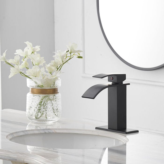 Waterfall Single Hole Single Handle Low Arc Bathroom Faucet With Supply Line In Matte Black