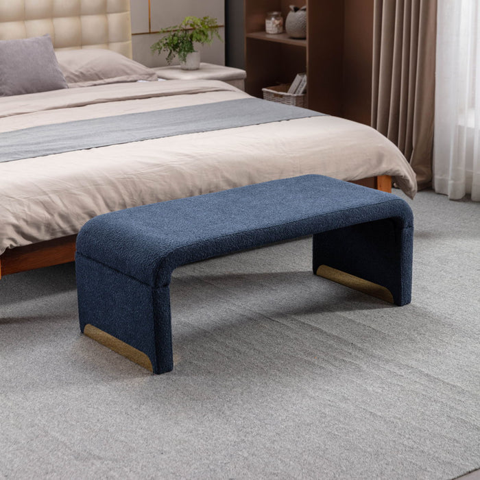 New Boucle Fabric Loveseat Ottoman Footstool Bedroom Bench Shoe Bench With Gold Metal Legs, Dark Blue