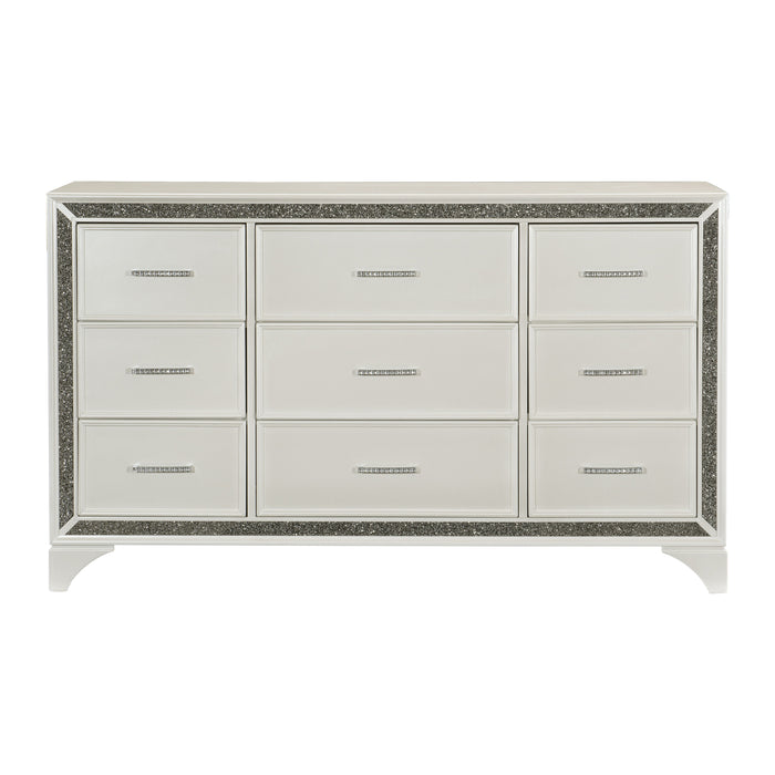 Pearl White Metallic Finish Dresser 1 Piece 9 Drawers Silver Glitter Trim Modern Bedroom Furniture