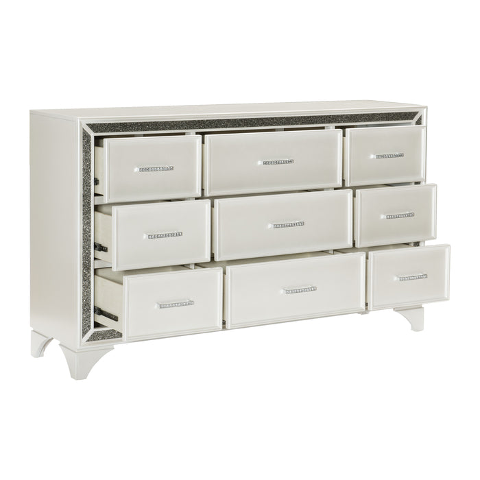 Pearl White Metallic Finish Dresser 1 Piece 9 Drawers Silver Glitter Trim Modern Bedroom Furniture