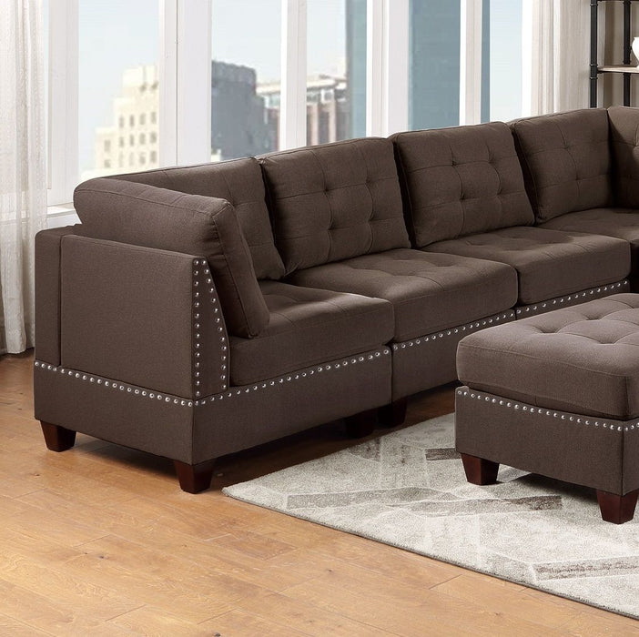 Modular Sectional 5 Piece Set Living Room Furniture Corner L-Sectional Black Coffee Linen Like Fabric Tufted Nail Heads 2 Corner Wedge 2 Armless Chair And 1 Ottoman