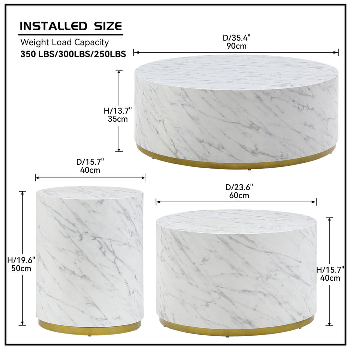 (Set of 3) White Marble Pattern Round Coffee Table Side Table End Table Set For Living Room Fully Assembled