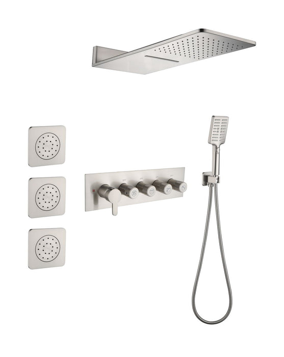 Wall Mounted Waterfall Rain Shower System With 3 Body Sprays & Hand Held Shower - Light Gray
