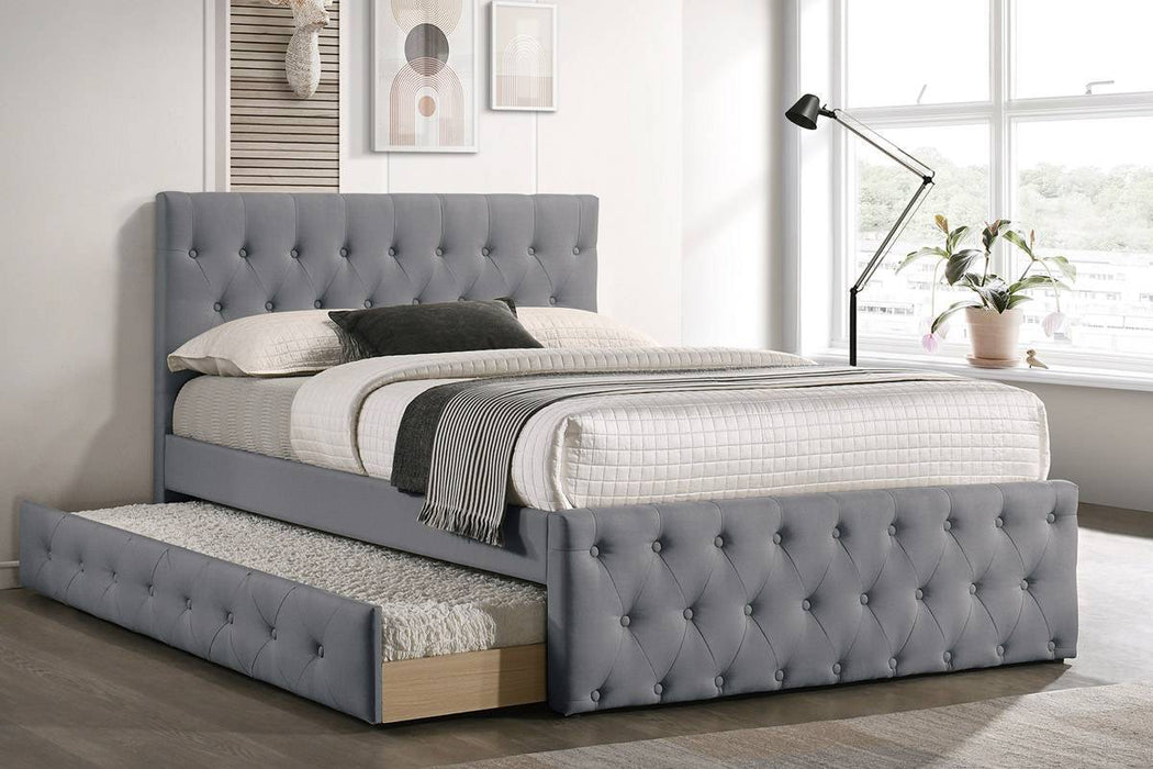 Contemporary Full Size Bed With Trundle Slats Light Gray Burlap Upholstered Button Tufted Headboard Footboard Youth Bedroom Furniture Wooden Slats 1 Piece Bed
