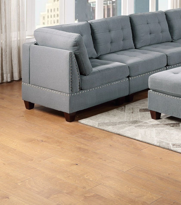 Living Room Furniture Tufted Corner Wedge Gray Linen Like Fabric 1 Piece Cushion Nail Heads Wedge Sofa Wooden Legs