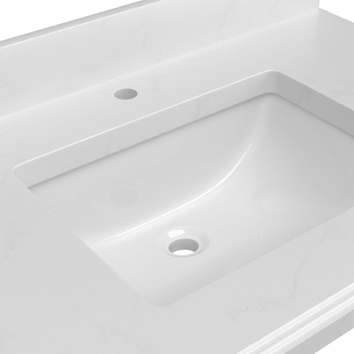 Quartz Vanity Top With Undermounted Rectangular Ceramic Sink & Backsplash, White Carrara Engineered Stone Countertop For Bathroom Kitchen Cabinet 1 Faucet Hole (Not Include Cabinet)