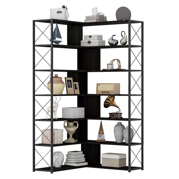 7 Tier Bookcase Home Office Bookshelf, Shaped Corner Bookcase With Metal Frame, Industrial Style Shelf With Open Storage