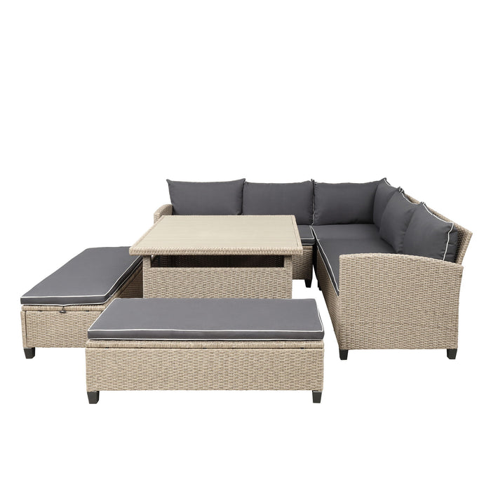Topmax 6 Piece Patio Furniture Set Outdoor Wicker Rattan Sectional Sofa With Table And Benches For Backyard, Garden, Poolside