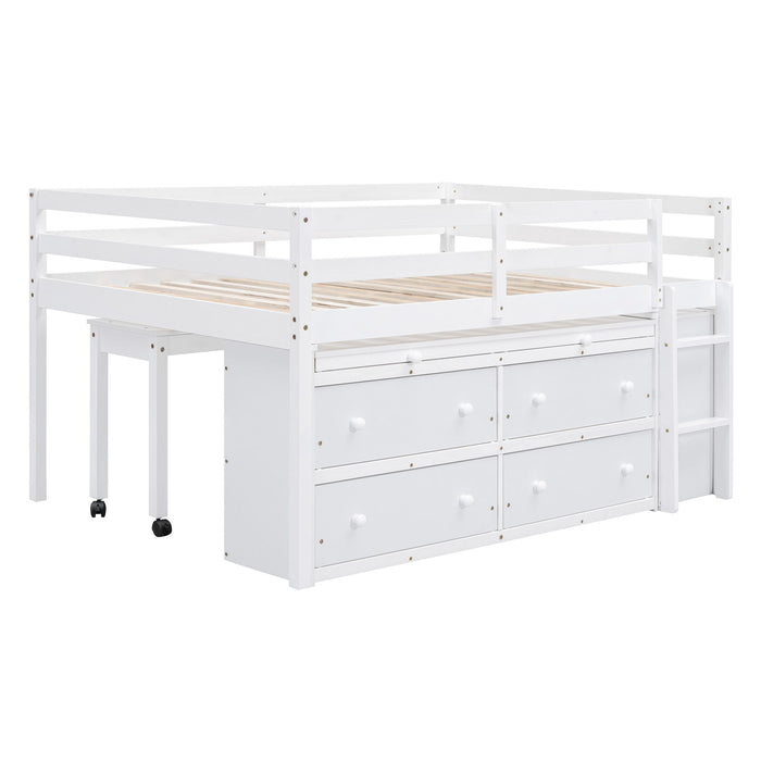 Full Size Loft Bed With Retractable Writing Desk And 4 Drawers, Wooden Loft Bed With Lateral Portable Desk And Shelves, White