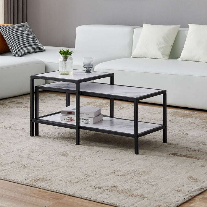 Modern Nesting Coffee Table Square & Rectangle - Black Metal Frame With Wood Marble Color Top