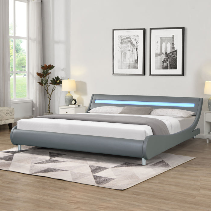 Faux Leather Upholstered Platform Bed Frame With LED Lighting, Curve Design, Wood Slat Support, No Box Spring Needed, Easy Assemble, King Size - Gray
