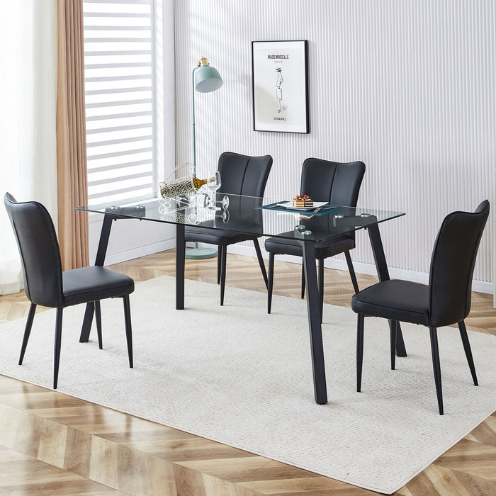 Table And Chair Set, 1 Table And 4 Black Chairs, Glass Dining Table With 0.31" Tempered Glass Tabletop And Black Coated Metal Legs, Equipped With Black PU Chairs