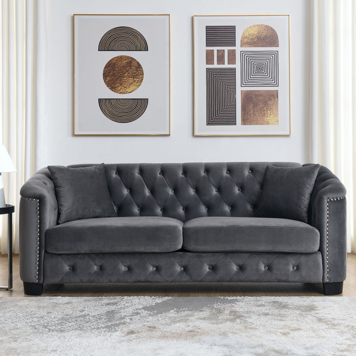 77 Inch Modern Chesterfield Velvet Sofa, 3-Seater Sofa, Upholstered Tufted Backrests With Nailhead Arms And 2 Cushions For Living Room, Bedroom, Apartment, Office - Gray