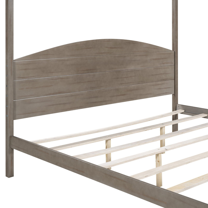 King Size Canopy Platform Bed With Headboard And Support Legs, Brown Wash