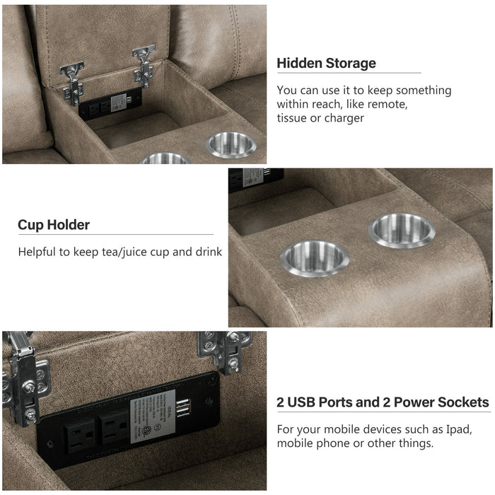 Home Theater Seating Manual Recliner With Cup Holder, Hide-Away Storage, 2 Usb Ports And 2 Power Sockets For Living Room, Home Theater, Brown