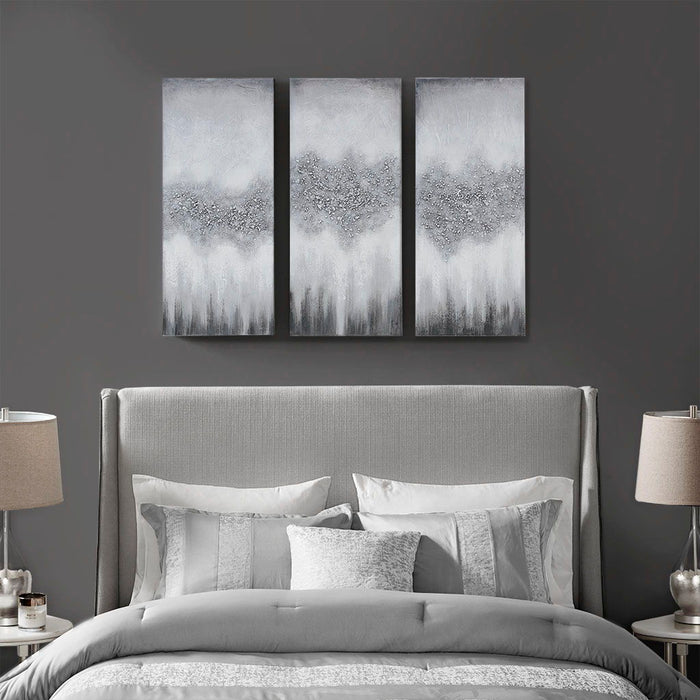 Heavily Embellished 3 Piece Canvas Wall Art Set - Grey