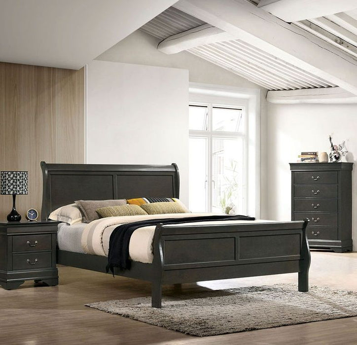 Classic Contemporary California King Size Bed Gray Louis Phillipe Solidwood 1 Piece Bed Bedroom Sleigh Bed