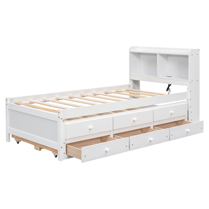 Twin Size Bed With Built-In USB, Type-C Ports, LED Light, Bookcase Headboard, Trundle And 3 Storage Drawers, Twin Size Bed With Bookcase Headboard, Trundle And Storage Drawers, White
