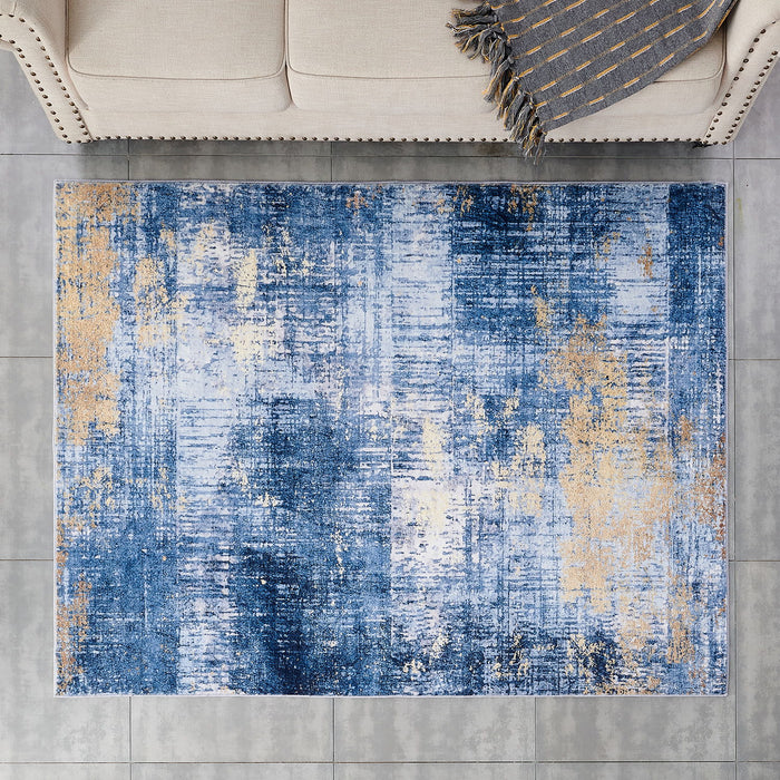 Zara Collection Abstract Design Blue Gold Machine Washable Super Soft Area Rug