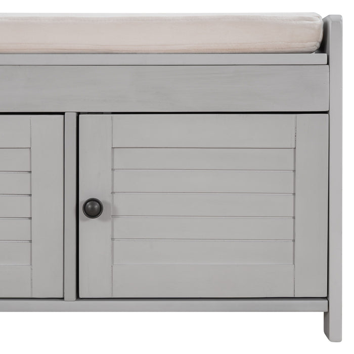 Trexm Storage Bench With 3 Shutter-Shaped Doors, Shoe Bench With Removable Cushion And Hidden Storage Space (Gray Wash, Old Sku: Wf284226Aae)