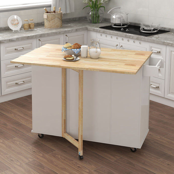Kitchen Island With Spice Rack, Towel Rack And Extensible Solid Wood Table Top - White