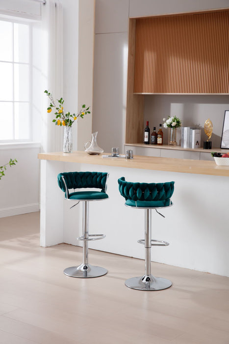 (Set of 2) Bar Stools, With Chrome Footrest And Base Swivel Height Adjustable Mechanical Lifting Velvet + Bar Stool - Green