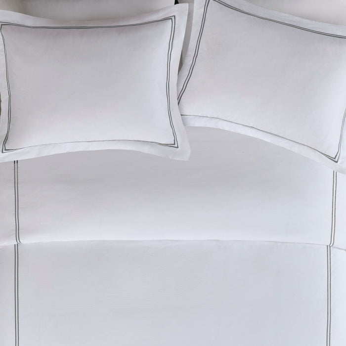 100% Cotton Sateen Embroidered Comforter Set - Grey / White