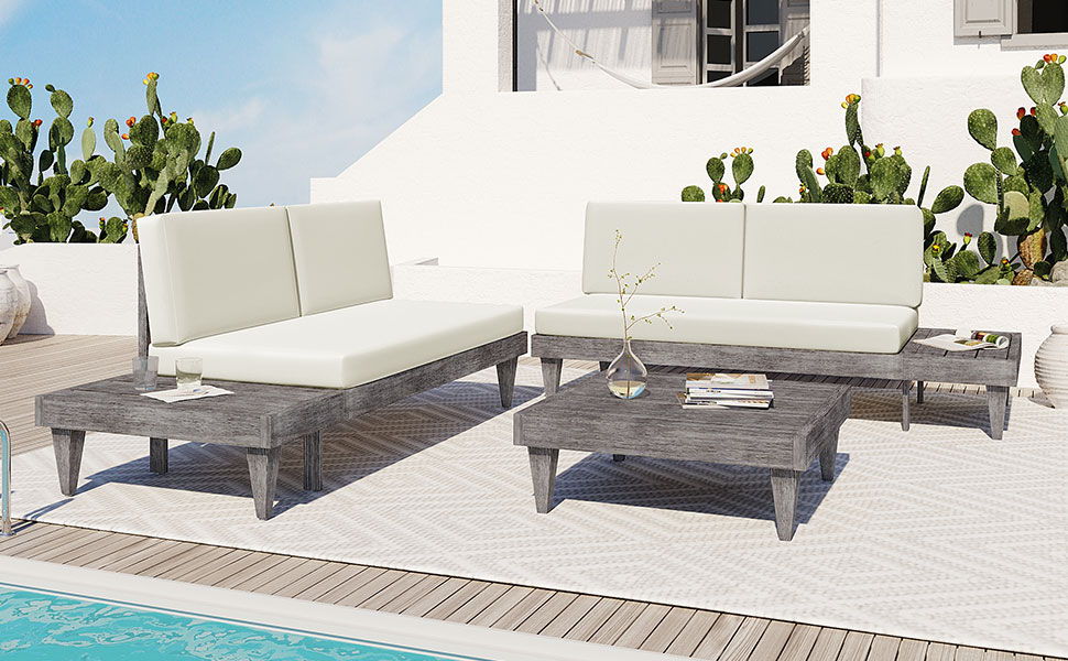 Top max Outdoor 3 Piece Patio Furniture Set Solid Wood Sectional Sofa Set With Coffee Table Conversation Set With Side Table And Cushions, Gray / Beige