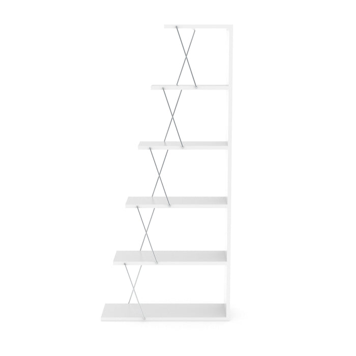 Furnish Home Store Modern 5 Tier Ladder Bookshelf Organizers, Narrow Bookshelf For Small Spaces Office Furniture Bookcase, White/Chrome
