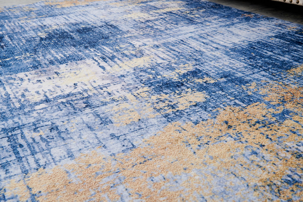Zara Collection - Abstract Design Blue Gold Machine Washable Super Soft Area Rug