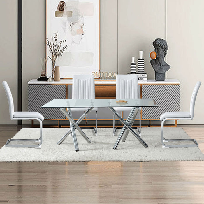 Large Modern Minimalist Rectangular Glass Dining Table For 6 - 8 With Tempered Glass Tabletop And Silver Chrome Metal Legs