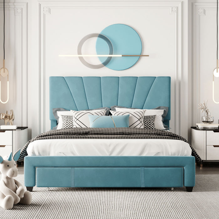 Queen Size Storage Bed Velvet Upholstered Platform Bed With A Big Drawer Blue